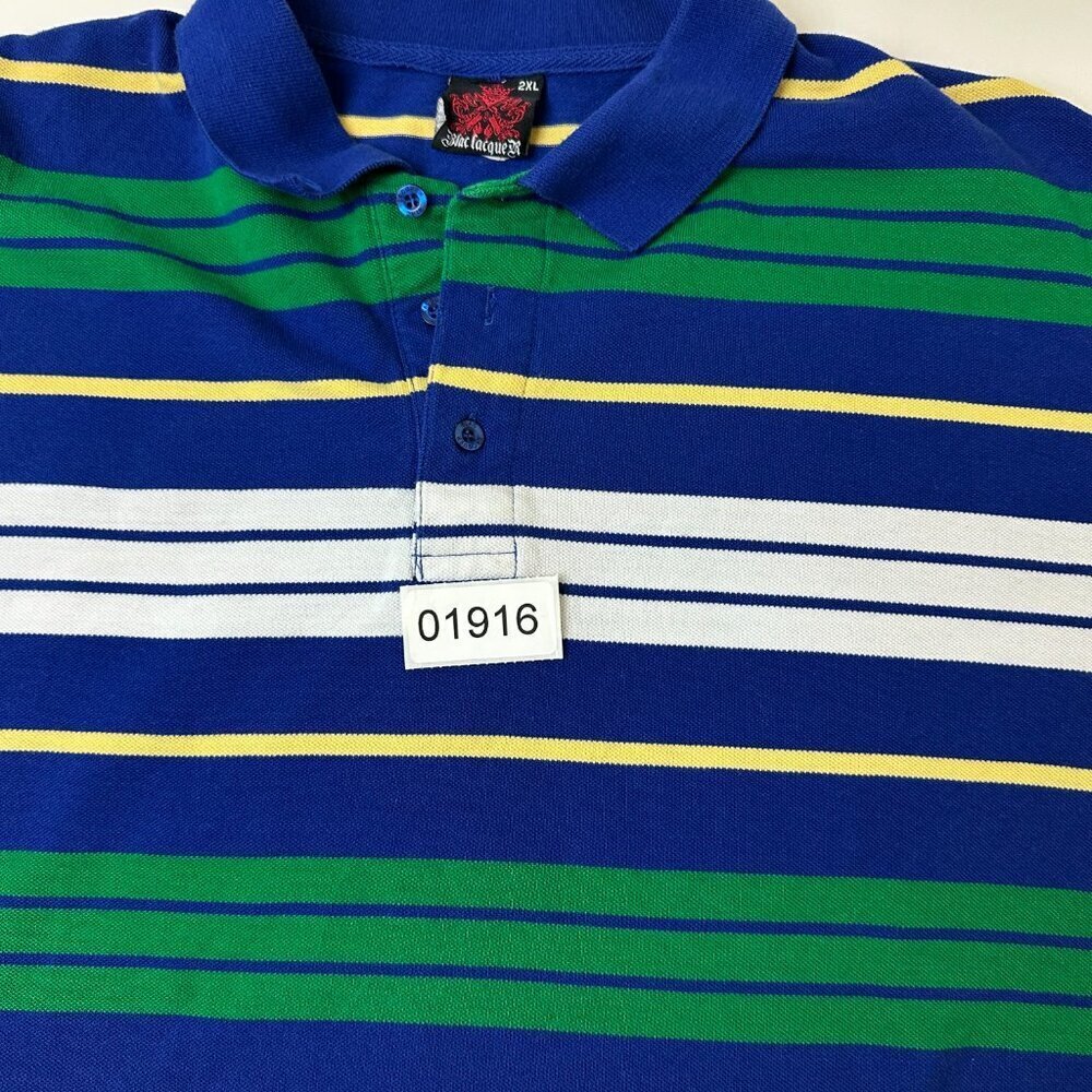 Black Lacquer Polo Shirt Mens 2XL Blue Green Yellow Striped Short Sleeve Casual - Picture 2 of 10